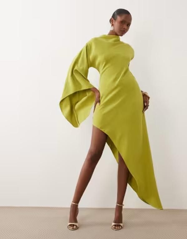 エイソス レディース トップス ワンピース アシンメトリー ハイネック マキシ ASOS DESIGN one sleeve high neck maxi dress with asymmetric hem in Light Lime ライム