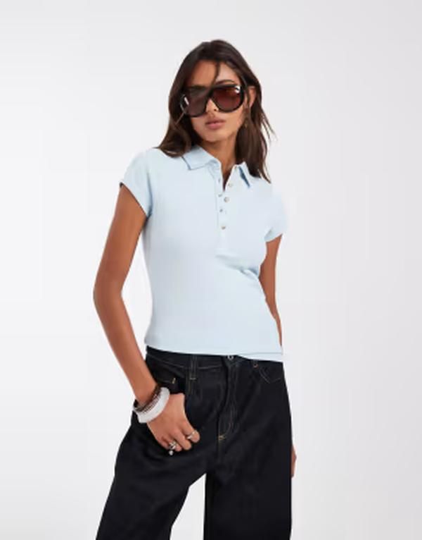 エイソス レディース トップス ポロシャツ ASOS DESIGN picot shrunken polo shirt in light BLUE ブルー