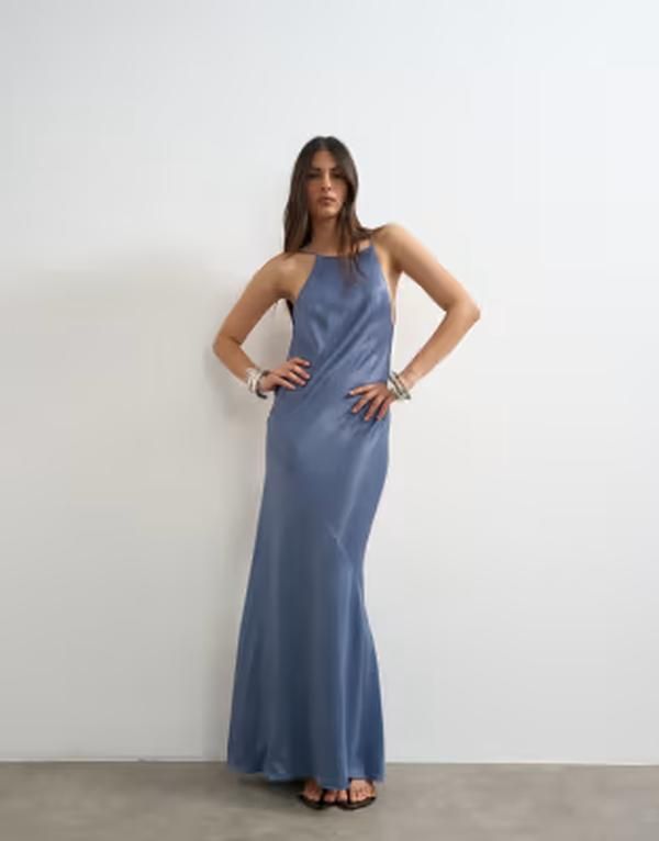 トップショップ レディース トップス ワンピース サテン デニム マキシ ホルター Topshop satin bias halter neck open scoop back maxi dress in denim blue デニム