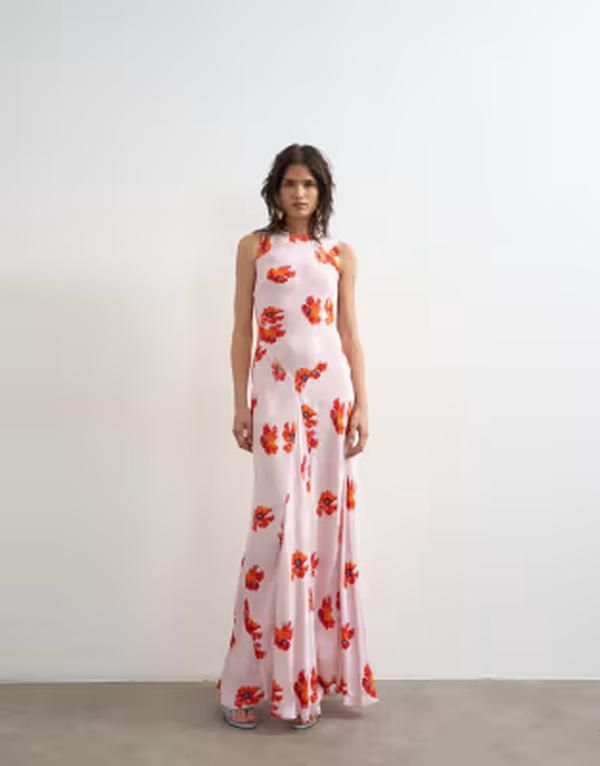 トップショップ レディース トップス ワンピース フラワー柄 サテン マキシ フラワー Topshop satin racer neck maxi dress floral jacquard Pink floral print ピンク