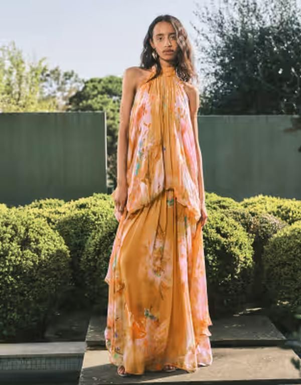 トップショップ レディース トップス ワンピース オープンバック フラワー柄 プリント マキシ フラワー ホルター Topshopremium viscose blouson halter neck maxi dress with open back and