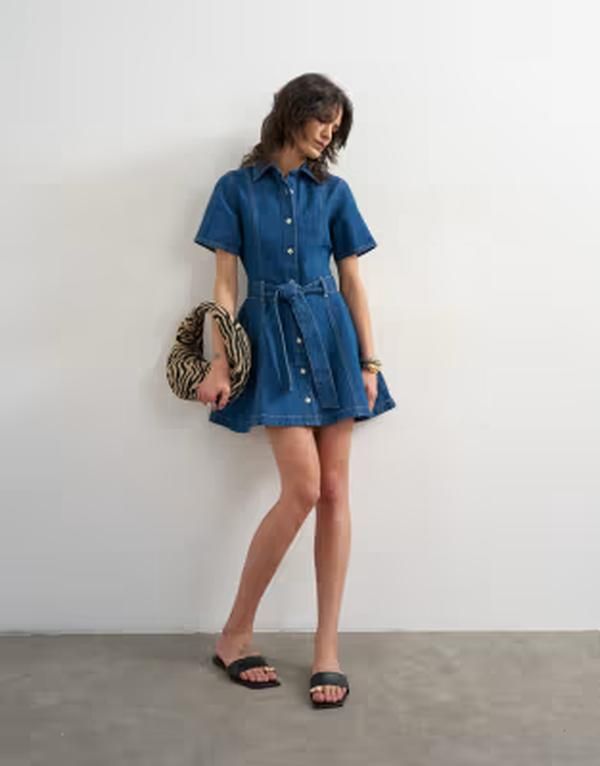 トップショップ レディース トップス ワンピース ミニ デニム Topshop denim short sleeve belted mini dress indigo rinse Indigo rinse インディゴ