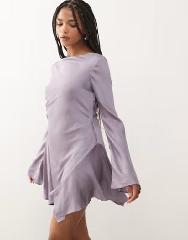 モンキ レディース トップス ワンピース ミニ サテン Monki long sleeve crinkle satin flippy mini dress with open tie back in lilac ライラック