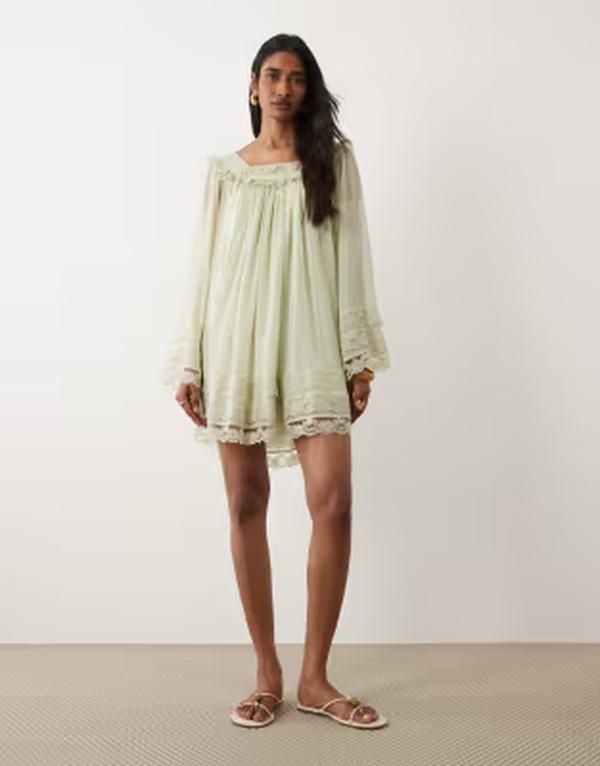 ミスセルフフリッジ レディース トップス ワンピース シフォン ミニ レース Misselfridge chiffon lace mini dress in sage セージ