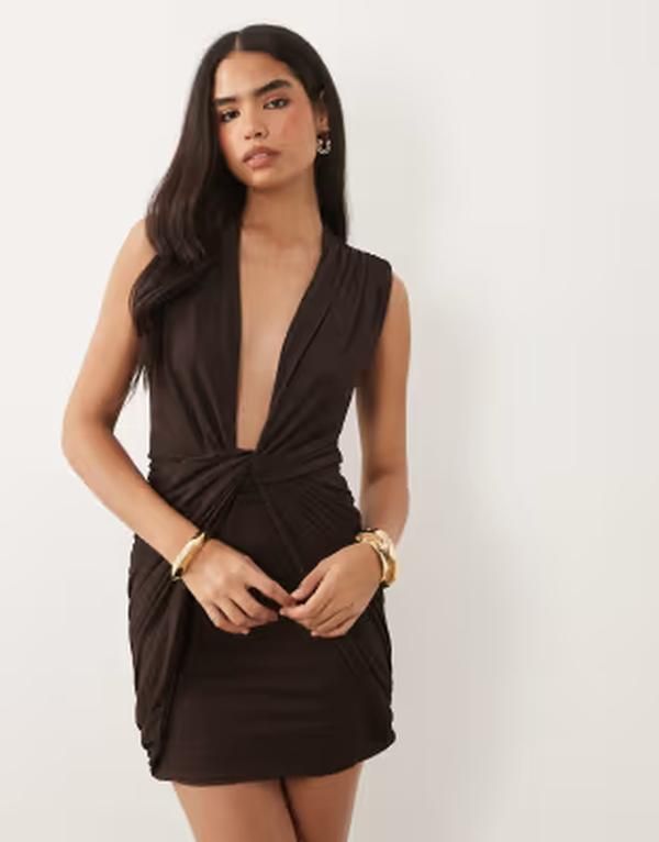 エイソス レディース トップス ワンピース ドレープ ミニ メッシュ ASOS DESIGN plunge draped mesh mini dress with knot detail in baby BROWN BLUE ブルー