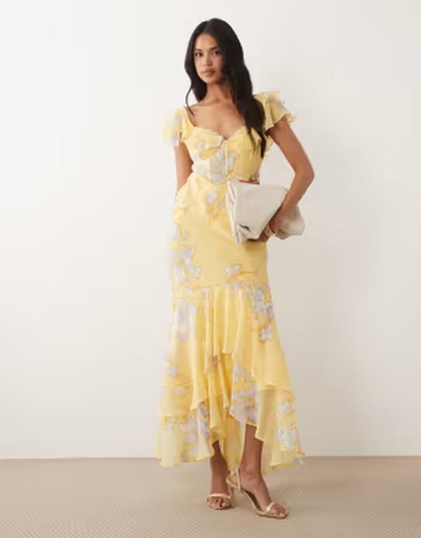 エイソス レディース トップス ワンピース フラワー柄 プリント マキシ フラワー ASOS DESIGN frill sleeve maxi dress with fishtail hem in yellow floral print Yellow flor