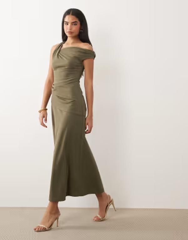 エイソス レディース トップス ワンピース クレープ ギャザー スカート マキシ ASOS DESIGN crepe fallen shoulder maxi dress with ruched skirt detail Khaki カーキ