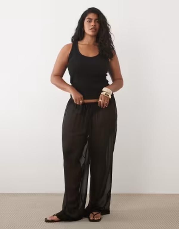 エイソス レディース ボトムス カジュアルパンツ ワイドレッグ シアー ASOS Curve ASOS DESIGN Curve sheer wide leg pants Black ブラック