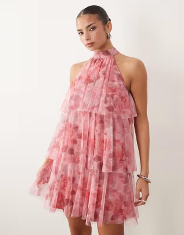 レース アンド ビーズ レディース トップス ワンピース チュール ハイネック プリント ミニ Lace Beads tulle high neck layered mini dress in Dark Pink Rosey Print Pink Rosey