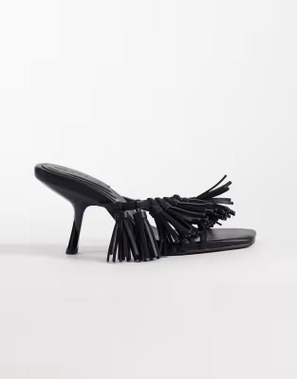 エイソス レディース シューズ サンダル ヒール ASOS DESIGN Hibernate tassel mid heeled mules Black ブラック