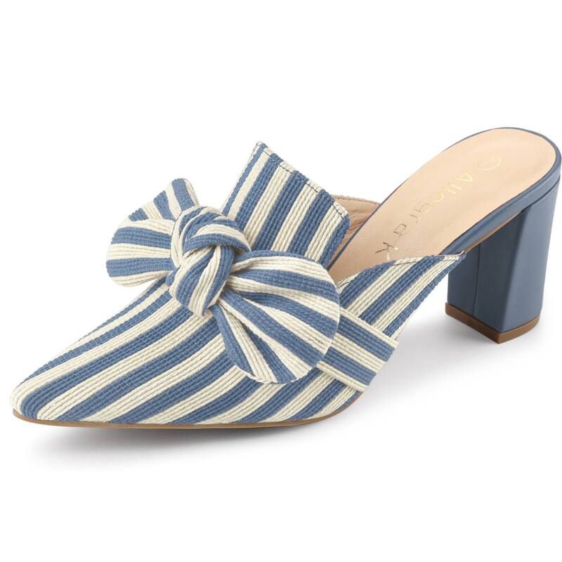 アレグラ ケー レディース シューズ サンダル ヒール ALLEGRA K Womenstripe Bow Pointed Toe Block Heel Slides Mules Light Blue ブルー
