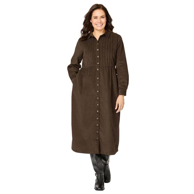 ウーマン ウィズイン レディース トップス ワンピース コーデュロイ プラスサイズ Woman Within Plusize Button Front Corduroy Dress Chocolate チョコレート