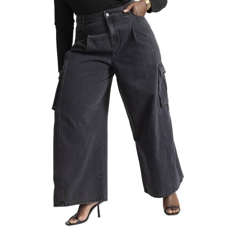 エロクイ レディース ボトムス デニムパンツ ワイドレッグ プラスサイズ ELOQUII Womens Plusize Wide Leg Cargo Jean Black Wash ブラック