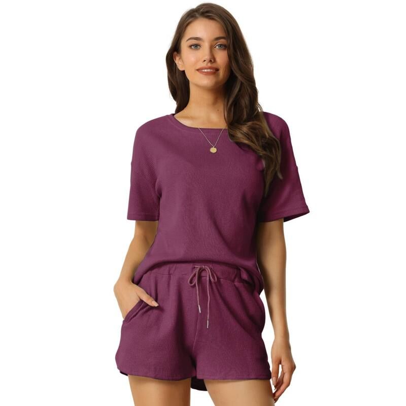 cheibear レディース アンダーウェア ナイトウェア ショートパンツ ニット cheibear Womenshort Sleeve Pullover Top with Shorts Casual Waffle Knit Loungewear Set Pu