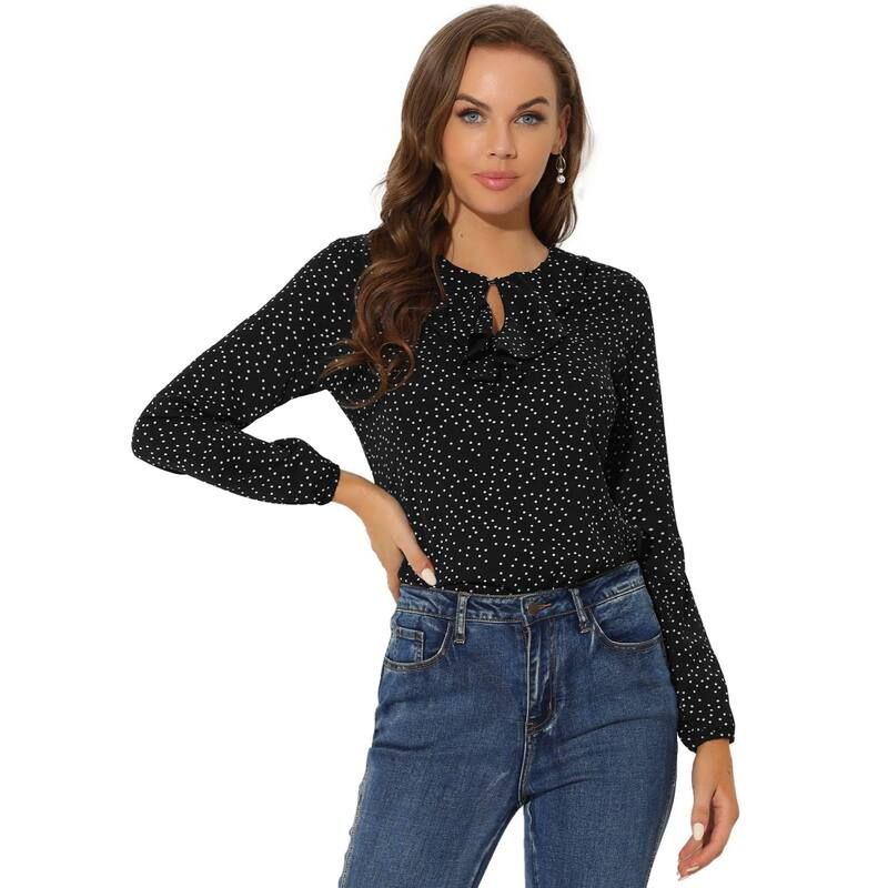 アレグラ ケー レディース トップス シャツ ドット フリル ブラウス ALLEGRA K Womens Ruffle Neck Long Sleeve Polka Dots Blouse Shirts Black Polka Dots ブラック