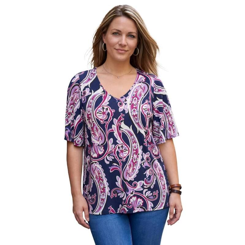 ロアマンズ レディース トップス シャツ プラスサイズ Roamans Womens Plusize Flutter Sleeve Ultrasmooth Fabric Tee Navy Modern Paisley ネイビー