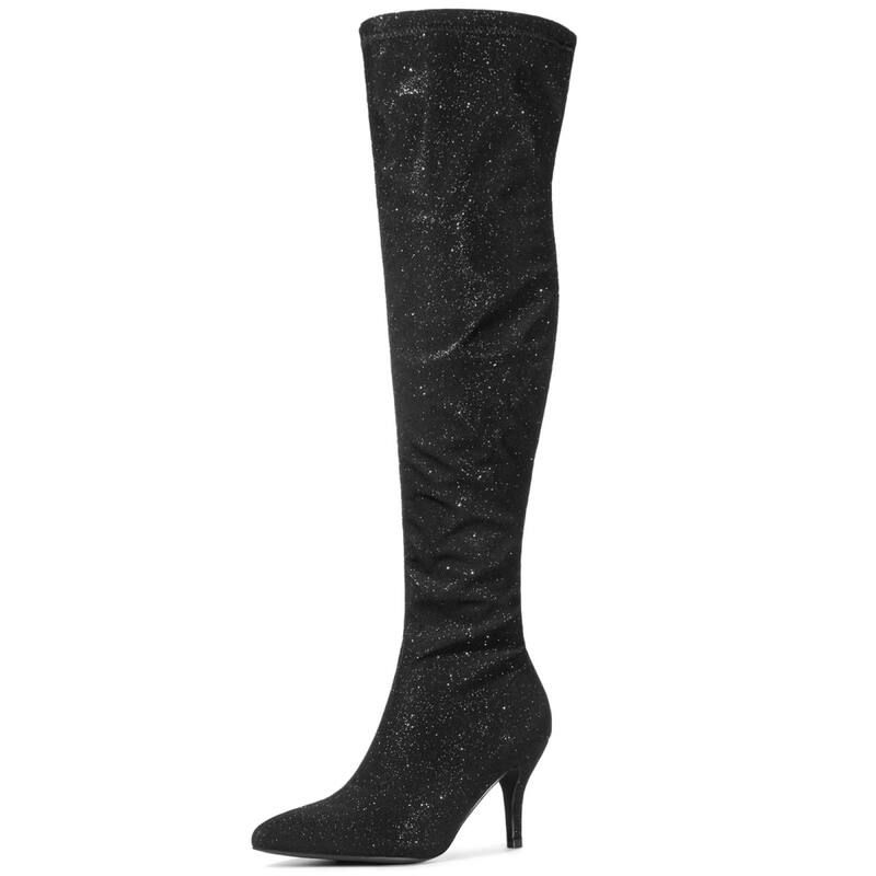 アレグラ ケー レディース シューズ ブーツ・レインブーツ ヒール ALLEGRA K Womens Glitter Pointed Toe Stiletto Heels Over the Knee High Boots Black ブラック