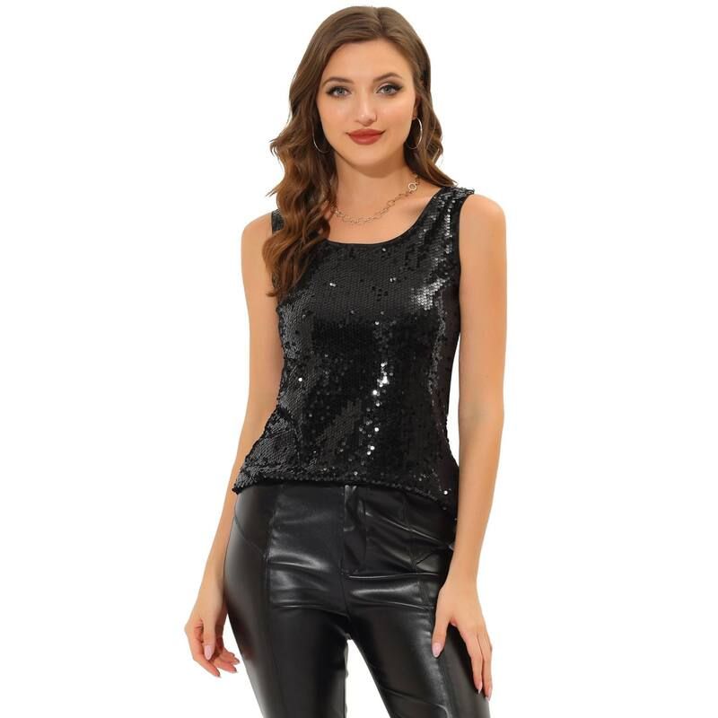 アレグラ ケー レディース トップス シャツ スパンコール ALLEGRA K Womensequin Shining Party Round Neck Tank Top Black ブラック