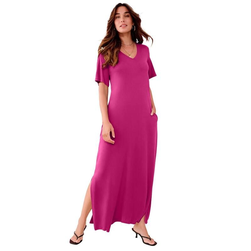 ロアマンズ レディース トップス ワンピース サイドスリット プラスサイズ ニット マキシ Roamans Womens Plusize Stretch Knit Short Sleeve Maxi Dress With Side Slit Detail Ra