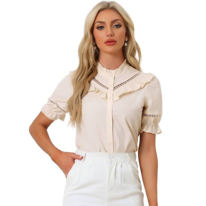 アレグラ ケー レディース トップス シャツ ボタンダウン フリル ダウン ブラウス ALLEGRA K Womenstand Collar Short Sleeve Button Down Ruffle Neck Blouse Top Beige ベージュ