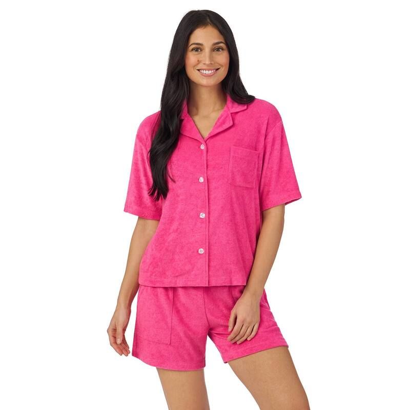 クドルドッズ レディース アンダーウェア ナイトウェア パイル ショートパンツ Womens Cuddl Duds Terry Notch Collar Pajama Top Pajama Boxer Shortset Pink ピンク