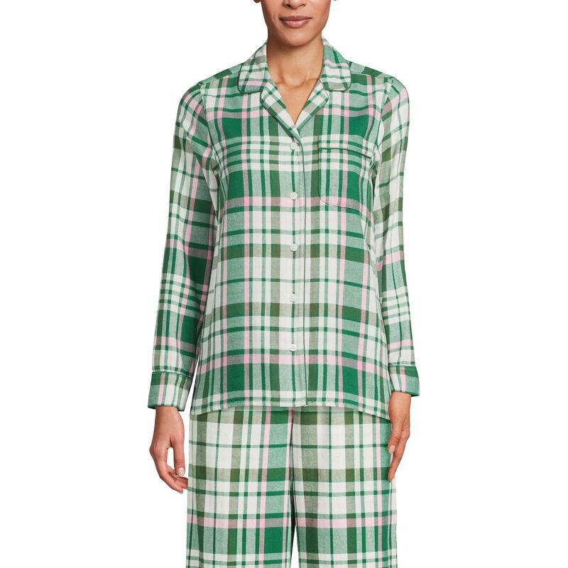 ランズエンド レディース アンダーウェア ナイトウェア Womens Lands End Long Sleeve Flannel Pajama Top Emerald Pink Plaid ピンク