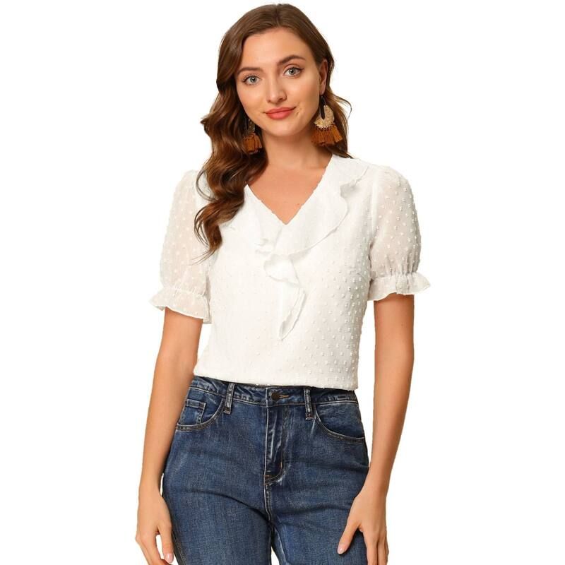 アレグラ ケー レディース トップス シャツ Vネック シフォン フリル ブラウス ALLEGRA K Womens Ruffle Blouse V Neck Swiss Dotshort Sleeve Chiffon Peasantop White ホワイト