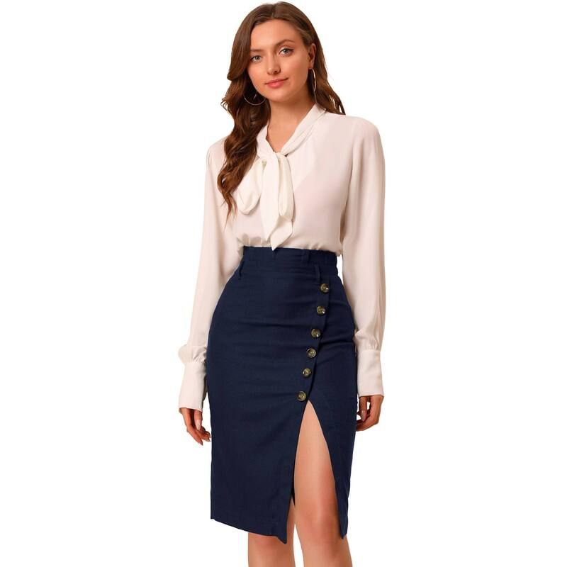 アレグラ ケー レディース ボトムスカート ALLEGRA K Womens Button Decor Split Belted Tie Waist Pencil Skirt Light Blue ブルー