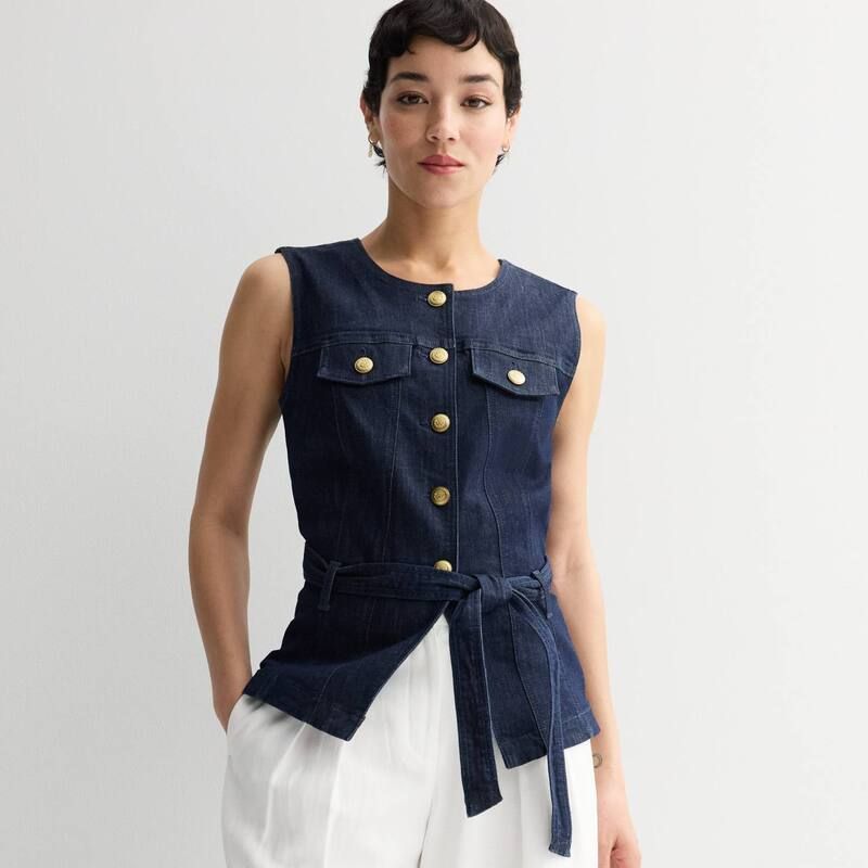 ナインウェスト レディース アウター ジャケット・ブルゾン プチ ベスト デニム Petite Nine West Button Front Denim Vest Raw Denim デニム