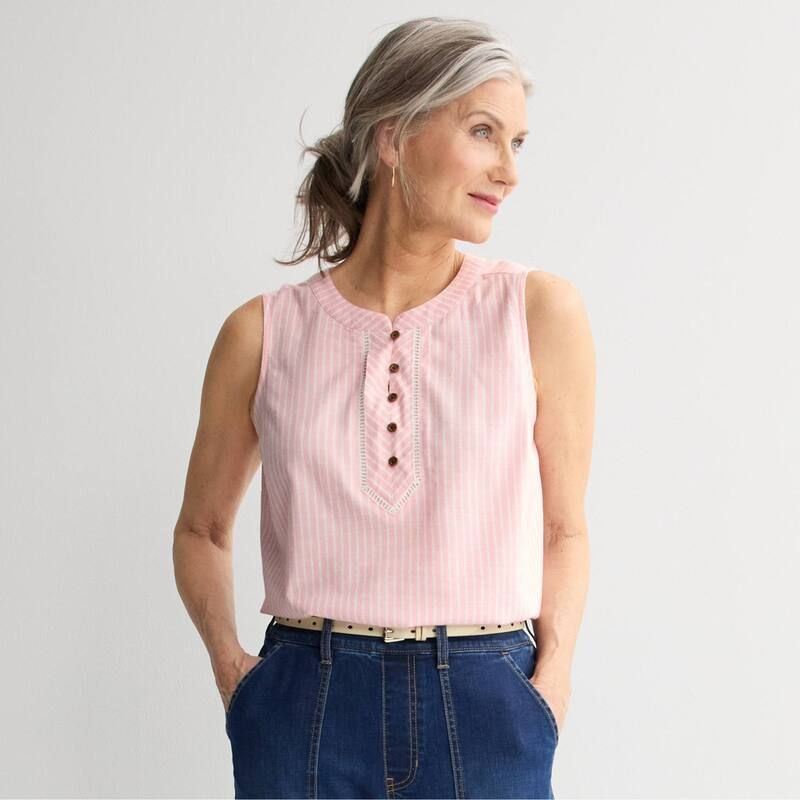 クロフト＆バロー レディース トップス シャツ Womens Croft Barrow Button Henley Tank Topeach Clean Stripe ピーチ