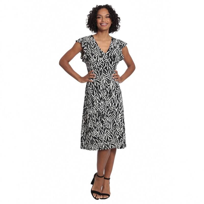 ロンドンタイムス レディース トップス ワンピース プリント フリル ミディ Womens London Times Ruffle Sleeve Print Midi Dress Black White ホワイト