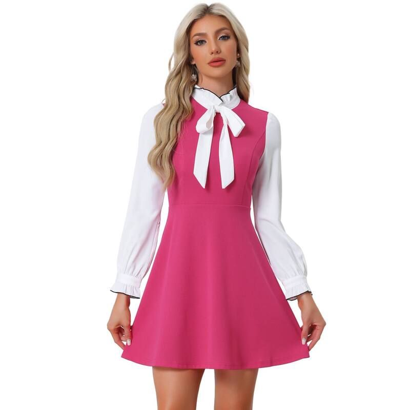 アレグラ ケー レディース トップス ワンピース フリル コントラスト ALLEGRA K Womens Elegant Contrast Ruffle Stand Collar Bow Tie Office Dress Hot Pink ピンク