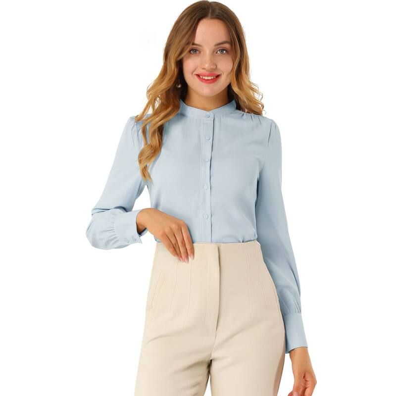アレグラ ケー レディース トップス シャツ ボタンダウン ALLEGRA K Womenstand Collar Button Down Long Sleeve Shirts Light Blue ブルー