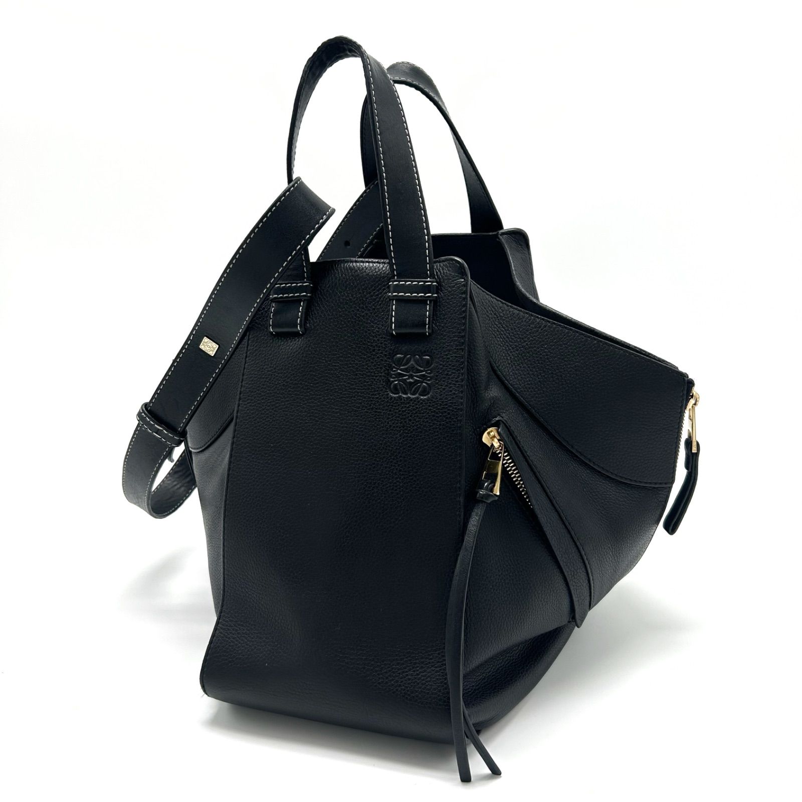 美品 loewe ロエベ ハンモック アナグラム ハンドバッグ 2WAY ショルダー 肩掛け ゴールド金具 ロゴ型押し レザー ネイビー メンズ レディース ユニセックス