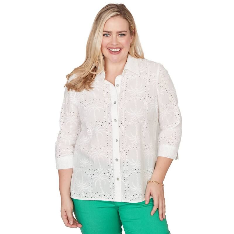 アルフレッド ダナー レディース トップス シャツ Womens Alfredunner Eyelet Palm Tree Button Frontop White ホワイト
