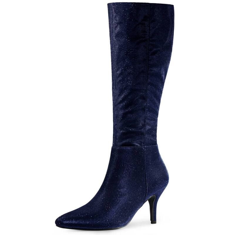 アレグラ ケー レディース シューズ ブーツ・レインブーツ ヒール ALLEGRA K Womensparkle Glitter Pointy Toe Stiletto Heel Knee High Boots Deep Blue ブルー