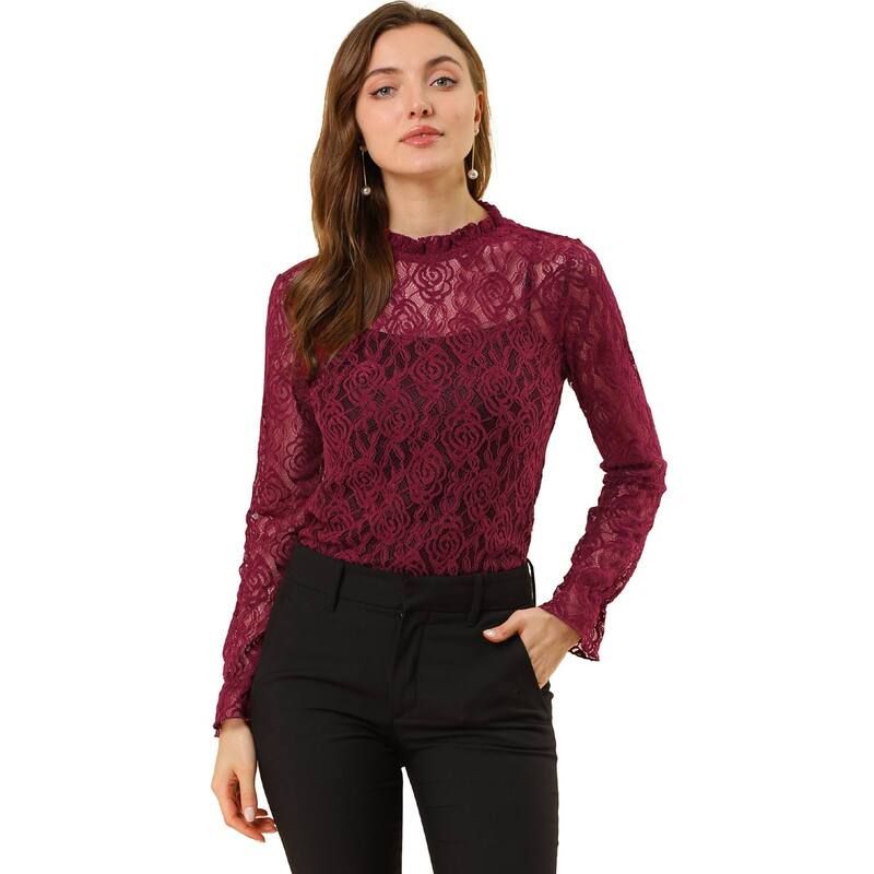 アレグラ ケー レディース トップス シャツ フラワー柄 フリル ブラウス レース フラワー ALLEGRA K Womens Crochet Lace See Through Floral Ruffle Neck Blouse Wine ワイン