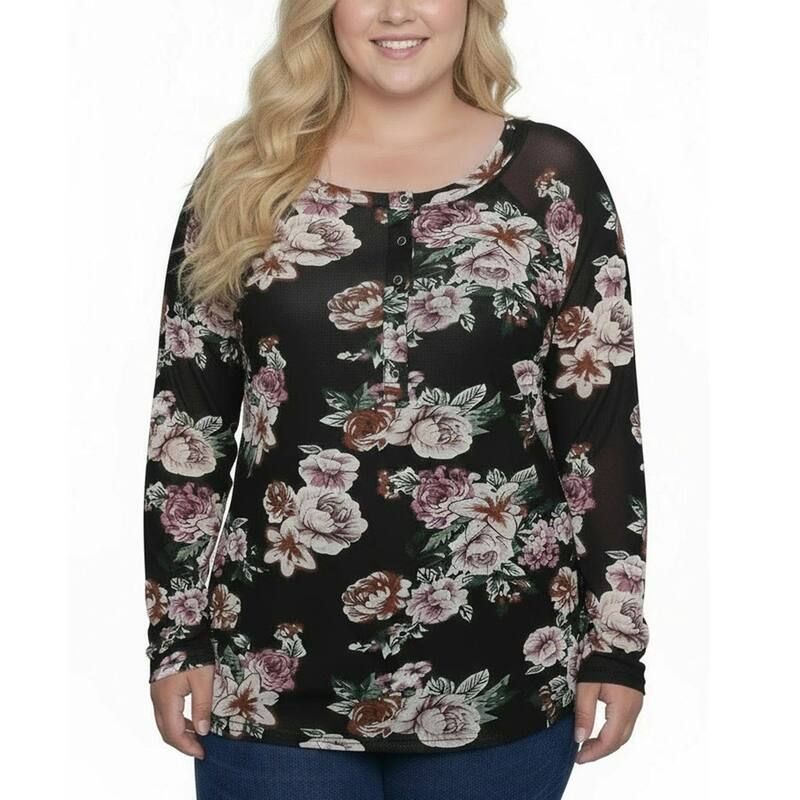 ニューヨークコレクション レディース トップス Tシャツ プラスサイズ メッシュ NY Collection Plus Long Raglan Sleeve Mesh Top Black Blush Floral ブラック