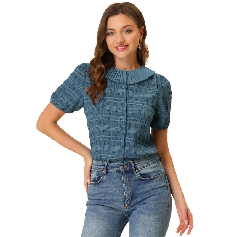アレグラ ケー レディース トップス シャツ ボタンダウン フラワー柄 プリーツ ダウン フラワー ALLEGRA K Womens Floral Short Sleeves Pleated Collar Button Down Shirt Grey Blue