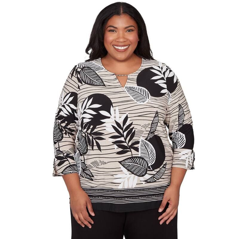 アルフレッド ダナー レディース トップス Tシャツ プラスサイズ プリント Plusize Alfredunner Tropicaleaf Border Print Split Neck Top Black Multi ブラック