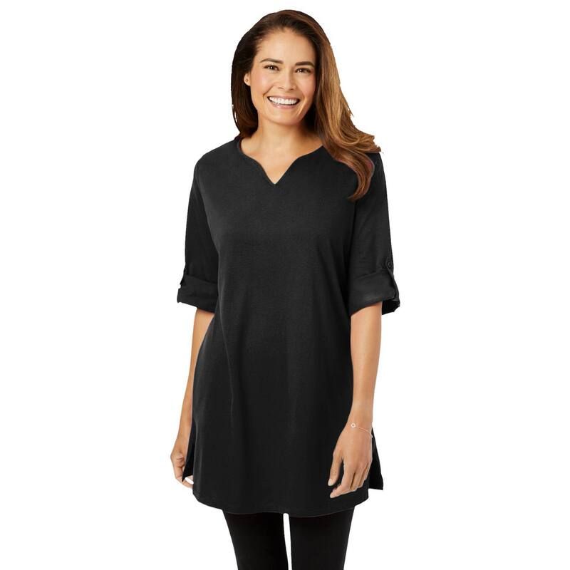 ウーマン ウィズイン レディース トップス Tシャツ プラスサイズ Woman Within Plusize Perfect RollTabSleeve NotchNeck Tunic Black ブラック