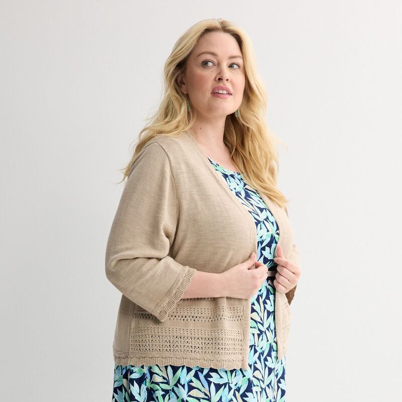 クロフト＆バロー レディース アウター ニット・セーター プラスサイズ カーディガン レース Plusize Croft Barrow Placed Pointelle Cardigan Cobblestone