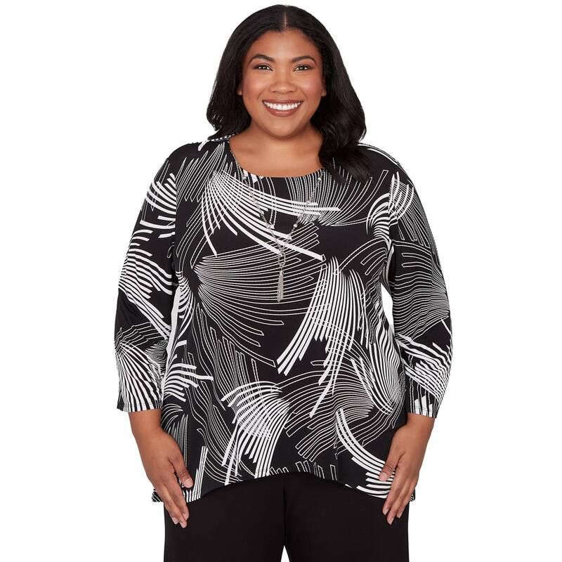 アルフレッド ダナー レディース トップス Tシャツ プラスサイズ レース Plusize Alfredunner Geometric Sharkbite Hem Top with Necklace Black And White ホワイト