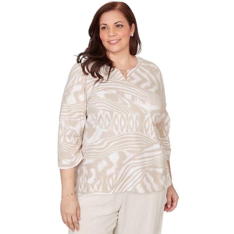 アルフレッド ダナー レディース トップス Tシャツ アニマル柄 プラスサイズ プリント Womens Plus Alfredunner Animal Print Split Neck Beaded Top Linen アニマル