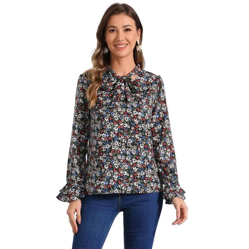 アレグラ ケー レディース トップス シャツ Vネック シフォン フラワー柄 フリル ブラウス フラワー ALLEGRA K Womens Floral Tie V Neck Blouse Chiffon Ruffle Trumpetop Black Blue