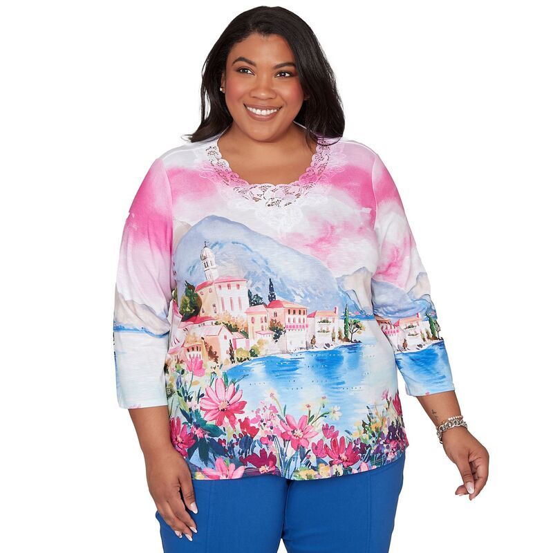 アルフレッド ダナー レディース トップス Tシャツ プラスサイズ Plusize Alfredunner Embellished Lake Como Scenic Topink Multi ピンク