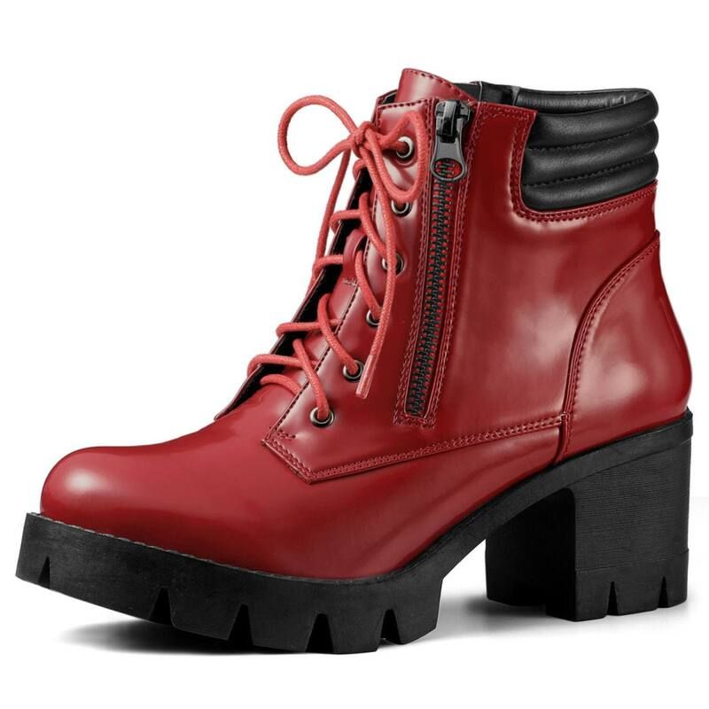 アレグラ ケー レディース シューズ ブーツ・レインブーツ レース ヒール ALLEGRA K Womens Round Toe Chunky Heelace Up Zipper Combat Boots Red レッド