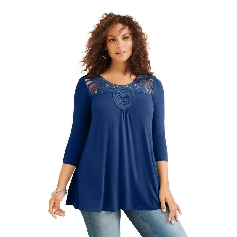 ロアマンズ レディース トップス Tシャツ プラスサイズ Roamans Womens Plusize Crochet Embellished Swing Ultra Femme Teevening Blue ブルー