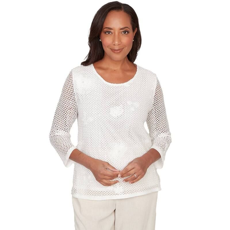 アルフレッド ダナー レディース トップス Tシャツ メッシュ スパンコール Womens Alfredunner Sequin Mesh Flower Top White ホワイト