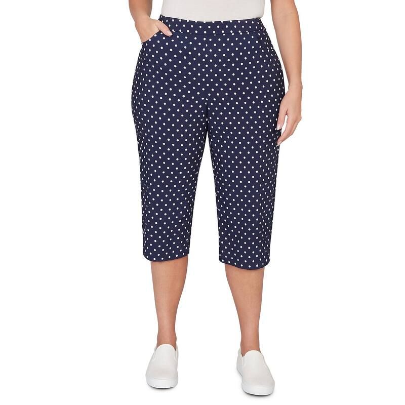 アルフレッド ダナー レディース ボトムス カジュアルパンツ ドット柄 ドット プラスサイズ デニム キャップ Plusize Alfredunner Polka Dot Flat Front Denim Capri Pants Navy And White